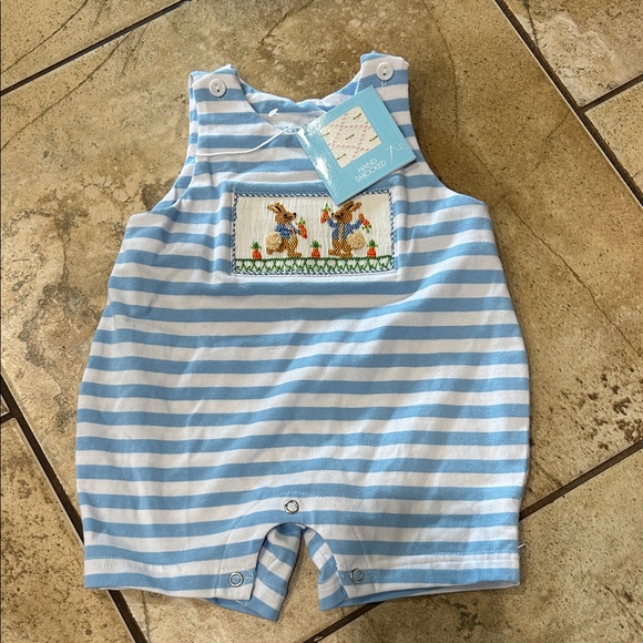 viva la fete Other - Blue & White Striped Baby One-Piece Romper with Bunny Smocked Panel